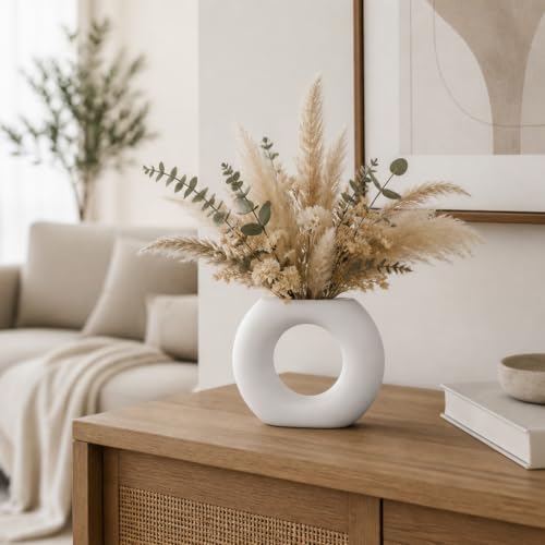 Ceramic Vase – Flower Holder for Stems or Dried Arrangements, Living Room, Bedroom, or Entryway Shelf Placement, Modern Donut Shaped Home Decor Accent for Layered Styling – 7", White - color: White