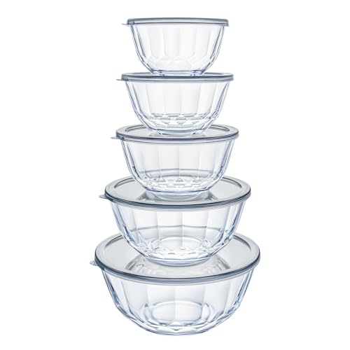Luvan 5-Piece Glass Mixing Bowls Set with Lids - Clear Salad Bowls with Lids Set, Diamond Pattern Large Glass Mixing Bowl for Baking Prep, Serving & Storage - color: Clear Gray