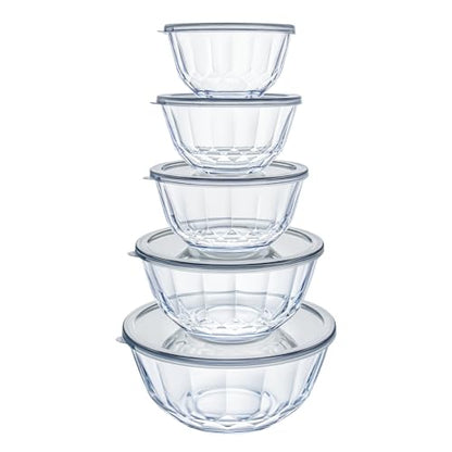 Luvan 5-Piece Glass Mixing Bowls Set with Lids - Clear Salad Bowls with Lids Set, Diamond Pattern Large Glass Mixing Bowl for Baking Prep, Serving & Storage - color: Clear Gray