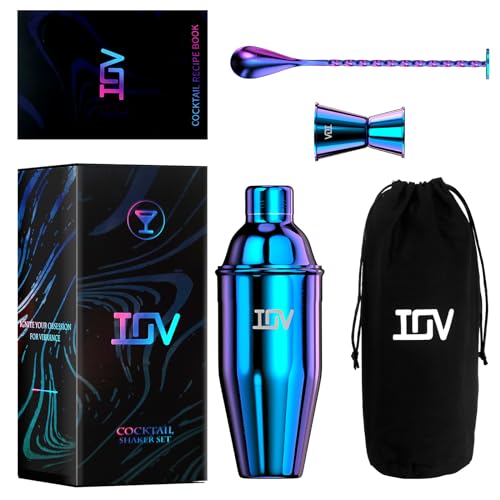 IOV Cocktail Shaker Bar Set, 24oz Martini Shaker with Built-in Strainer, Bar Tool Kit with Recipes Booklet, Professional Stainless Steel Large Bartender Drink Shaker Margarita Alcohol Mixer-Rainbow - color: 3 Pcs - Rainbow