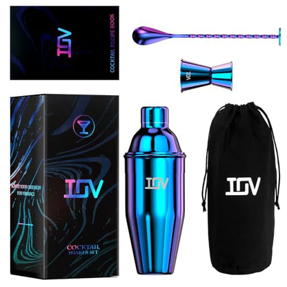 IOV Cocktail Shaker Bar Set, 24oz Martini Shaker with Built-in Strainer, Bar Tool Kit with Recipes Booklet, Professional Stainless Steel Large Bartender Drink Shaker Margarita Alcohol Mixer-Rainbow - color: 3 Pcs - Rainbow
