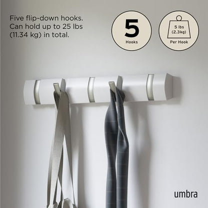 Umbra Flip Coat Rack, Wall Mounted 5-Hook Space Saving, White/Nickel | Real wood and steel build, retractable hooks fold flat, holds coats bags and scarves, easy install - color: White/Nickel, size: 5-Hook