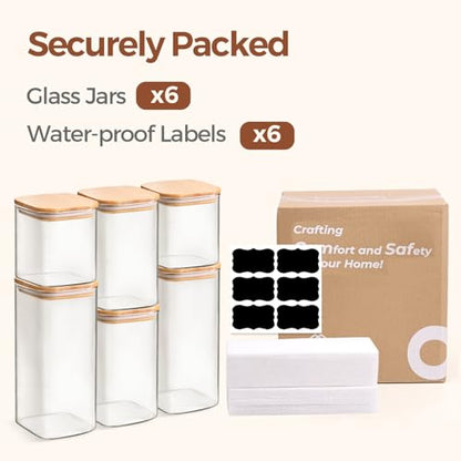 ComSaf Glass Pantry Storage Containers (0.7Qt/1.2Qt/1.6Qt) Set of 6, Square | Glass Storage Containers with Lids, Kitchen Canisters, Pantry Jar, Bamboo Lid with Silicone Seal, Flour Cereal Tea, BPA Free - size: 0.7Qt*2/1.2Qt*2/1.6Qt*2