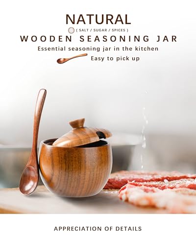 Jujube Wood Salt Cellar, 6 oz Box with Lid and Spoon, 3.3 Inch | Compact lidded bowl keeps salt and seasonings close at hand; the matching spoon rests neatly inside for cleaner serving.