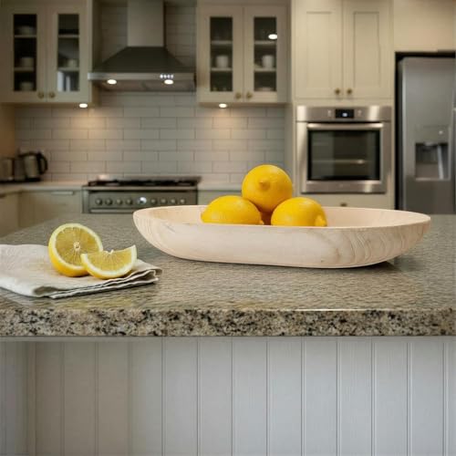 Large Whitewashed Decorative Wood Bowl - Hand Carved Paulownia Tray for Coffee Table Centerpiece & Entryway Catchall - Organic Modern Farmhouse Decor