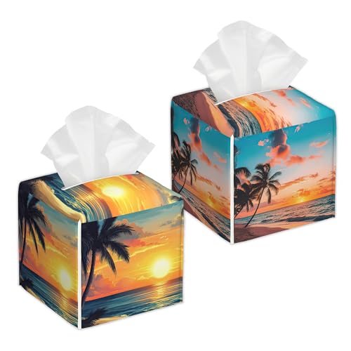 2 Pcs Tissue Box Cover Square Leather Tissue Case Holder Facial Paper Organizer Decorative for Bathroom Kitchen Car Office Home Decor (Palm Tree Seaside) - color: Palm Tree Seaside