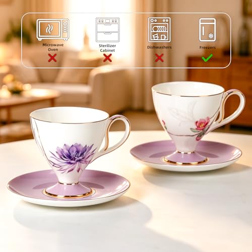 KAMMAK Tea Cups Set of 2,Ceramic Floral Pattern Demitasse Cup | Porcelain Espresso Cup with Saucer, 8.45 oz Handmade Elegant Bone China Tea Cups for Latte, Americano, Cappuccino - color: Water Lily & Winter sweet