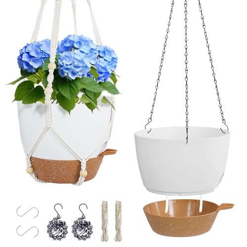 Meowell 10 inch Self Watering Hanging Planters, 2 Pack Hanging Baskets for Indoor Outdoor Plants, Hanging Flower Pots with Drainage Holes & 2 Kinds of Plant Hangers for Garden Home Décor, White Brown - color: White With Brown