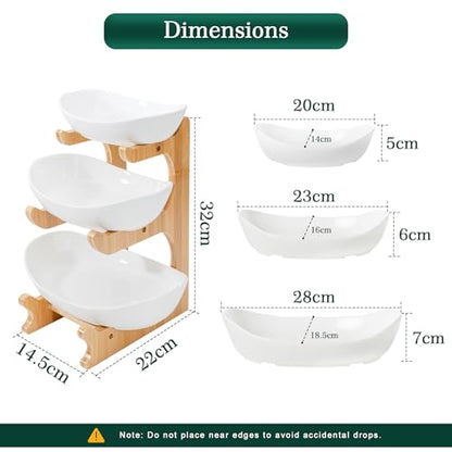 SEVEN SPARTA Fruit Bowl for Kitchen Counter - 3 Tier Ceramic Serving Bowls with Bamboo Stand, Tiered Fruit Basket for Fruit Vegetable Storage, Cake, Dessert, Nuts, Snack, Salad (Dishwasher safe) - style: 3 Tier