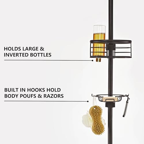 Tension Pole Shower Caddy Corner Organizer, Adjustable Standing Shower Caddy with 3 Removable Baskets and Hooks, Rust Resistant Tension Rod Organizer, 60.5 to 108 Inch, Oil Rubbed Bronze