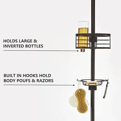 Tension Pole Shower Caddy Corner Organizer, Adjustable Standing Shower Caddy with 3 Removable Baskets and Hooks, Rust Resistant Tension Rod Organizer, 60.5 to 108 Inch, Oil Rubbed Bronze