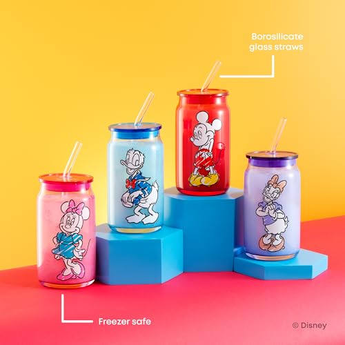 JoyJolt Disney Mickey Mouse and Friends Color Sketch Glass Tumblers with Lids and Straws, 16oz Glass Cups with Lids and Straws, Can Shaped Drinking Glasses Set of 4, Disney Gifts for Adults - style: Mickey Mouse