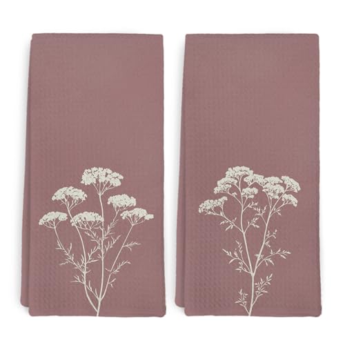 Vintage Mauve Wildflower Kitchen Towel and Dish Towel Set of 2, Farmhouse Dusty Rose Decor Hand Towels, Minimalism Retro Floral Decorative Hand Dish Tea Towels for Bathroom Kitchen, 16x24 in - color: Mauve Wildflower