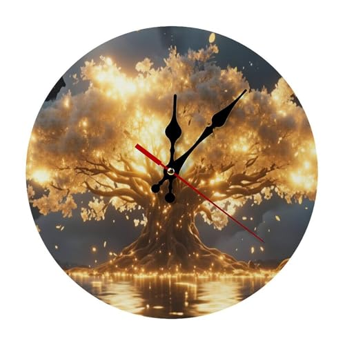 Tree of Life Golden Glow Minimalist Silent Wall Clock 11.8x11.8 inches, Modern Round Wooden Clock Without Numbers for Bedroom Living Room Office Home Decor - color: Tree of Life Golden Glow, size: 11.8x11.8 inches