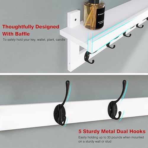 SMIBUY Coat Hooks with Shelf Wall-Mounted, 29.2 Inch Entryway Coat Rack for Wall, Bamboo Hanging Shelf with 5 Double Metal Hooks for Bathroom, Bedroom, Kitchen, Living Room (White + Black) - color: White + Black