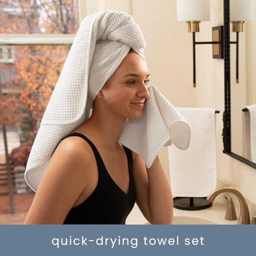 S&T INC. Aura Waffle Bath Towel Set, 6 Pieces, White | 2 Bath Towels, 2 Hand Towels, 2 Wash Cloths, Absorbent Microfiber, Quick-Dry and Lightweight, 420GSM - color: White