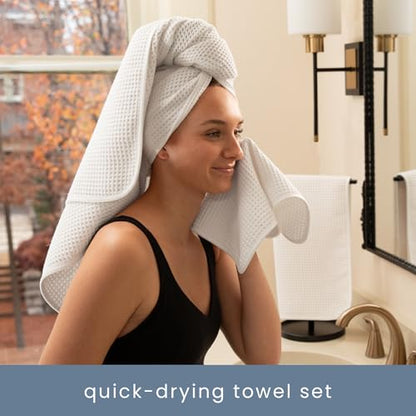 S&T INC. Aura Waffle Bath Towel Set, 6 Pieces, White | 2 Bath Towels, 2 Hand Towels, 2 Wash Cloths, Absorbent Microfiber, Quick-Dry and Lightweight, 420GSM - color: White