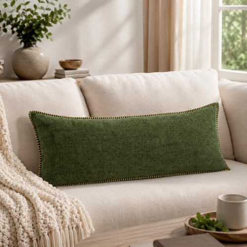 JoraLion Chenille Decorative Lumbar Pillow Cover 14x36 Forest Elf | Chenille Trimmed Tailored Edges Farmhouse Solid Dyed Soft Cushion Case for Couch Sofa Bed Living Room, Pack of 1 - color: Forest Elf, size: 36" x 14" (Pack of 1)