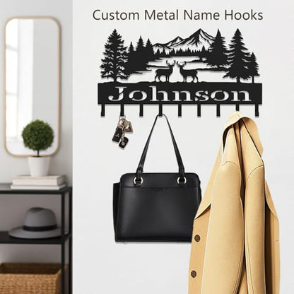 Custom Metal Key Holder, Personalized Key Holder Wall Mount with，Name Background Letter Theme, Ideal Keys Holder On Wall, Suitable for Living Room, Entrance, Kitchen(529) - color: Forest Deer