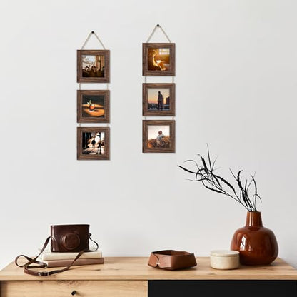 5x5 Collage Picture Frames Set of 2, Rustic Wooden Real Glass Vertical Hanging 3 Opening 5 by 5 Photo Frame, Distressed Brown - color: Distressed Brown, size: Vertical-5x5 in