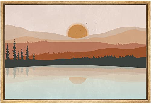SIGNFORD Framed Canvas Print Wall Art Pastel Mountain Forest Range Lake Reflection Nature Wilderness Illustrations Modern Art Landscape Colorful for Living Room, Bedroom, Office - 16"x24" Natural - color: Ae01-2206-n18, size: 24"L x 16"W