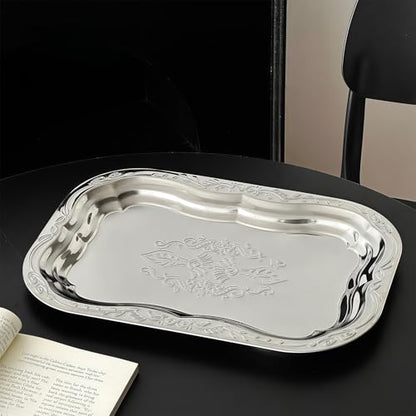 Metal Food Tray Stainless Steel Floral Engraved Party Platters for Displaying Fruits Dessert and Cupcakes Wedding Decors Metal Engraved Serving Tray