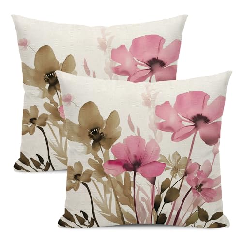 Spring Floral Pillow Covers 18x18 Inches Set of 2 Brown Pink Floral Throw Pillow Covers Outdoor Rustic Summer Flower Decoration Pillowcase Farmhouse Decorative Cushion Cover for Sofa Couch - color: Brown Pink Floral, size: 18" x 18" (Pack of 2)