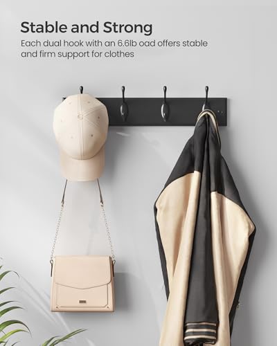 SONGMICS Wall-Mounted Coat Rack, Hook Rack, 4 Dual Metal Hooks, Black | For Coats, Bags, Keys, in the Entryway, Bedroom, Living Room ULHR023B01 - color: Black, size: 1 Pack-4 Hooks, style: Without Shelf