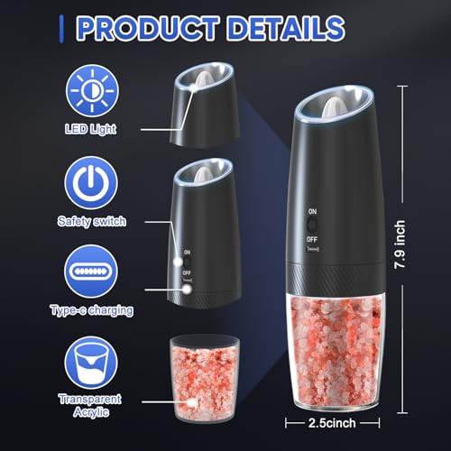 RECHARGEABLE - Gravity Electric Pepper and Salt Grinder Set, Adjustable Coarseness, With LED Light, One Hand Automatic Operation, 2 Pack-Black