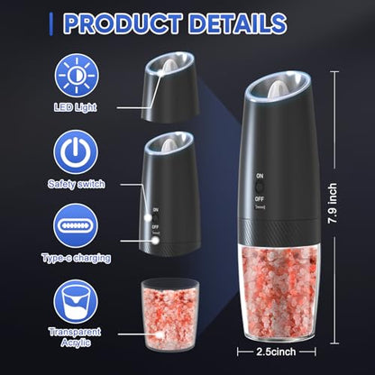 RECHARGEABLE - Gravity Electric Pepper and Salt Grinder Set, Adjustable Coarseness, With LED Light, One Hand Automatic Operation, 2 Pack-Black