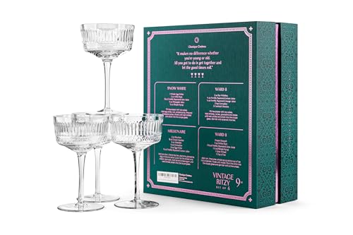 GLASSIQUE CADEAU Vintage Ritzy Cocktail and Champagne Coupe Glasses | Set of 4 | 7 oz Crystal Long Stemmed Glassware for Drinking Martini, Cosmopolitan, Manhattan | Retro Saucers