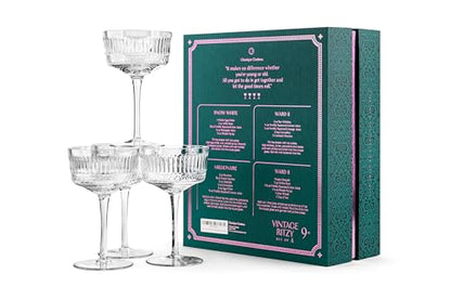 GLASSIQUE CADEAU Vintage Ritzy Cocktail and Champagne Coupe Glasses | Set of 4 | 7 oz Crystal Long Stemmed Glassware for Drinking Martini, Cosmopolitan, Manhattan | Retro Saucers