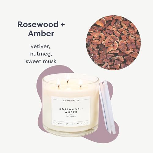 Rosewood & Amber 3 Wick Scented Candle - 43 Hour Burn | Made in the USA Luxury Clean Soy Wax Candles - Long Lasting Large Glass Jar Candle for Home - 3 Wicks - 14.9oz - color: Rosewood + Amber