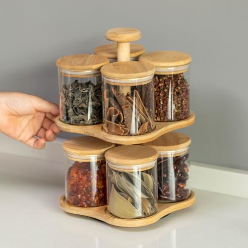 Minimalist Two-Tier Bamboo Lazy Susan Turntable with 8 Pcs 12 oz Airtight Lid Glass Jars, Versatile Spice Rack Organizer, Perfect for Kitchen Countertops, Dining Tables, and Pantry Cabinets