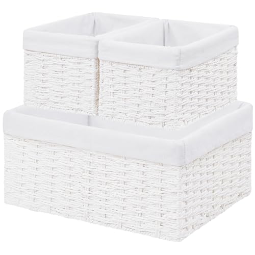 Wicker Basket, Set of 3 Hand-woven Storage Baskets for Organizing, Decorative Rectangle Wicker Storage Basket Bins with Handles, Small Toilet Paper Storage Baskets for Shelves & Decor, White - color: White