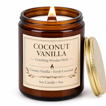 Coconut Vanilla Scented Candles for Home, 9oz Long Burning Soy Candles for Women, Wood Wick Natural Non Toxic Candle Jar, Aromatherapy Candle Gift for Home Bedroom Bathroom Office - color: 1 Pack Coconut Vanilla Candle with Wood Wick
