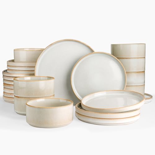 Famiware Star Stoneware Dinnerware Sets for 8, Reactive Glaze Plates, Bowls | 24-Piece Handmade Ceramic Dishes with Lipped Edges, Chip & Scratch Resistant. Microwave & Dishwasher Safe, Cappuccino White - color: Cappuccino White, size: Service for 8