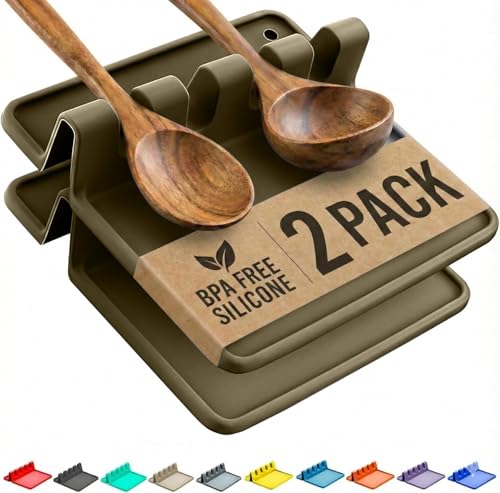 Cooler Kitchen Stone Silicone Spoon Rest for Stove Top with Drip Pad (Two Pack) - Heat Resistant BPA Free Utensil Rest & Spoon Holder for Kitchen Counter - Grill Utensil Holder - Spatula Holder - color: Stone, size: Medium - 2 Packs