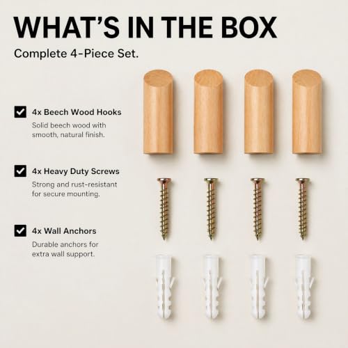 evory 4 Pack Coat Hooks Mounted Rustic Wooden Heavy Duty Robe Hook | Beech Wood, Hat Rack, Bathroom Towels, Clothes Hanger - color: 4 Pack - Beech wood