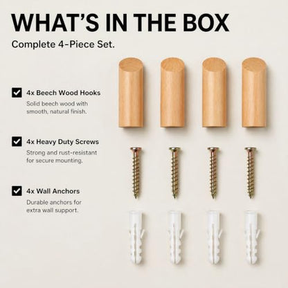 evory 4 Pack Coat Hooks Mounted Rustic Wooden Heavy Duty Robe Hook | Beech Wood, Hat Rack, Bathroom Towels, Clothes Hanger - color: 4 Pack - Beech wood
