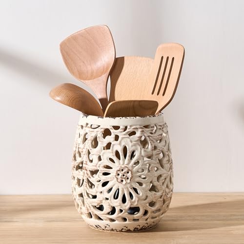 Farmhouse Kitchen Utensil Holder for Kitchen Counter, Ceramic Large Cooking Utensil Crock with Cork Mat, Countertop Cooking Tool Spatula Organizer, Beige Antique Design - color: 16096-Beige