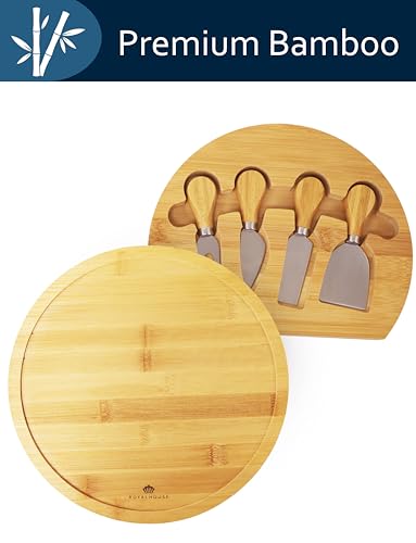 Bamboo Round Cheese Board and 4 Knives Set with Slide-Out Cutlery Drawer | Charcuterie Boards Set - House Warming Gifts New Home, Wedding Gifts for Couple, Bridal Shower Gifts - style: Round Cheese Board Set
