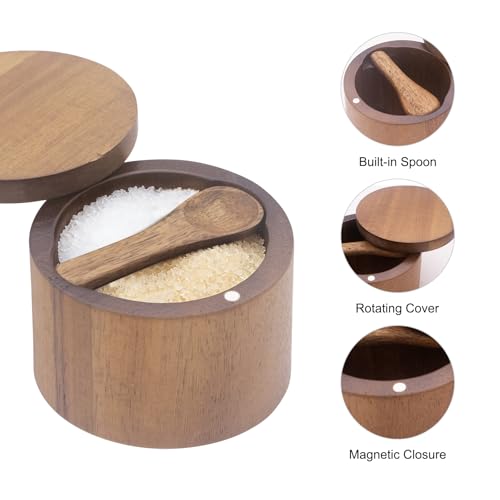 Acacia Salt Cellar with Dual Compartments, Wooden Salt Box, Kitchen Spice Keeper, with Magnetic Swivel Lids, for Salt and Pepper or Spices