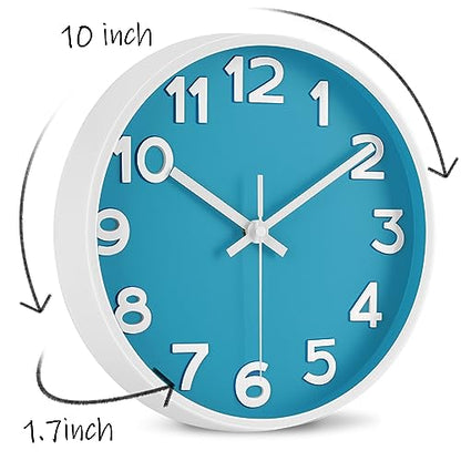 10 Inch Wall Clock, 2Pack Silent Non Ticking Battery Operated Clocks | Green Analog Clock| Living Room, Office, Classroom, Bedroom, Kitchen, Bathroom| Modern Simple Style | Easy to Read | Accurate - color: Blue, size: 10 inches