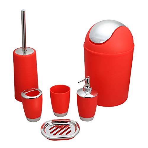 Bathroom Accessories Set, 6-Piece Plastic Gift Set, Toothbrush Holder, Toothbrush Cup, Soap Dispenser, Soap Dish, Toilet Brush Holder, Trash Can (RED) - color: Red