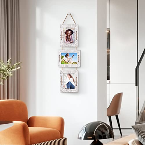 5x7 Collage Picture Frames, 3 Opening, Solid Wood, White, 2 Pack | Wall-Mounted Hanging Design, Displays 4x6 Photos with Mat or 5x7 Photos Without Mat, Three-Opening Layout - color: Rustic White