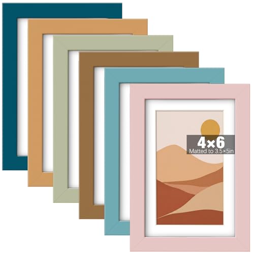 4 x 6 Picture Frame Set of 6, Boho Colorful Photo Frames | Display Pictures 3.5 x 5 with Mat, or 4 x 6 without Mat Picture Frame, with Acrylic Cover, for Gallery Home Wall Table Decor - size: 4 x 6
