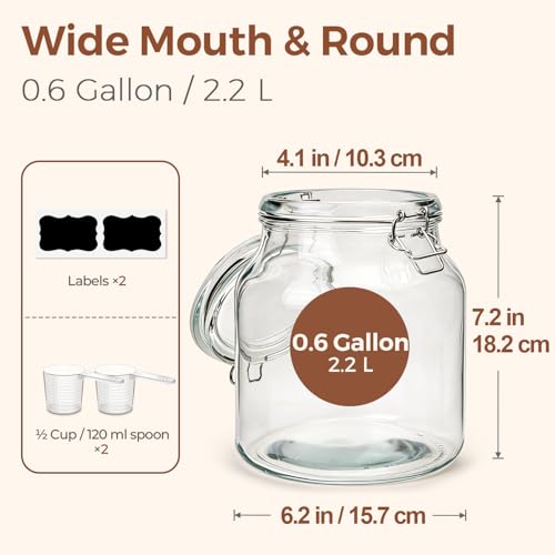 ComSaf Large Glass Pantry Jars with Airtight Lids 74 oz 2 Pack Wide Mouth | Flour sugar rice, Measuring cup, Labels included, Sourdough pickling, Large capacity, Cabinet organization, Dry goods - size: 74oz*2-Wide-Mouth