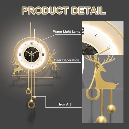 Modern Deer Wall Clock for Living Room,Large Gold Decorative Wall Clock with Light,Creative Silent Clock Battery Operated for Kitchen/Entryway/Bedroom/Office/Dinning Room Metal Wall Decor - size: 20''Lx35''W