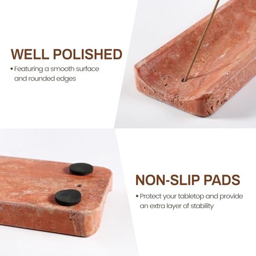 Natural Travertine Incense Holder, Incense Holder for Sticks with 9 Holes, Handmade Incense Burner Ash Catcher for Meditation Yoga SPA, Balsam Fir/Palo Santo/Sage/Cone Incense Holder(Red) - color: Red Travertine